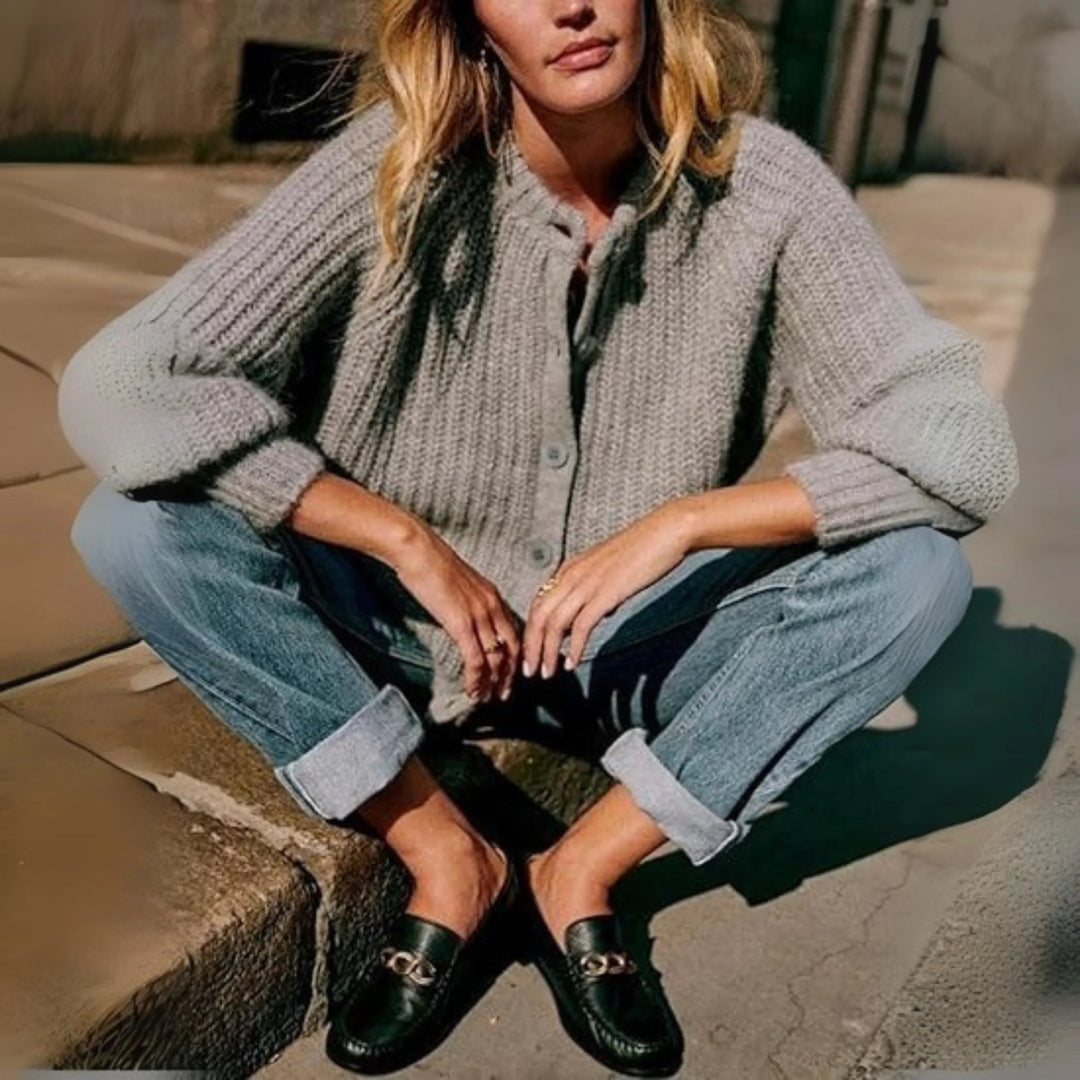 ELOWEN™ - Comfy Plain Button Down Long Sleeve Round Neck Cardigan