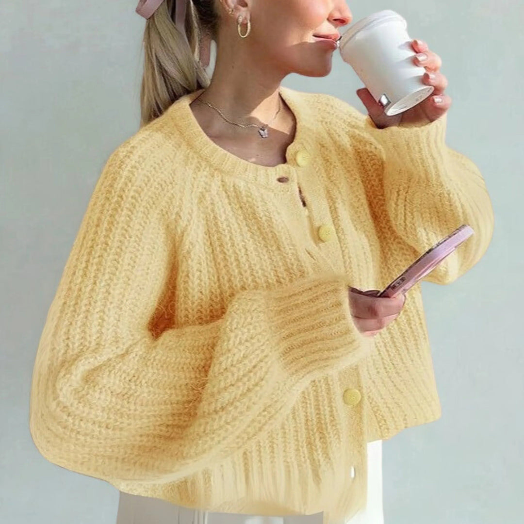 ELOWEN™ - Comfy Plain Button Down Long Sleeve Round Neck Cardigan