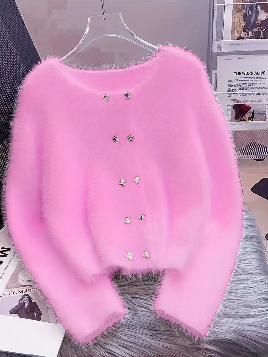 Luna – Fluffy Heart-Button Knit Sweater