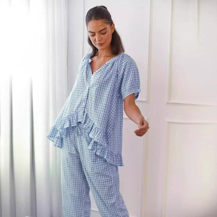NEVERLAND™ - Casual Plaid Puff Sleeve Top and Pants Set