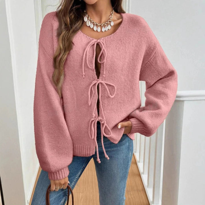 ADRIENNE™ - Chic Long Sleeve Round Neck Tie Front Cardigan