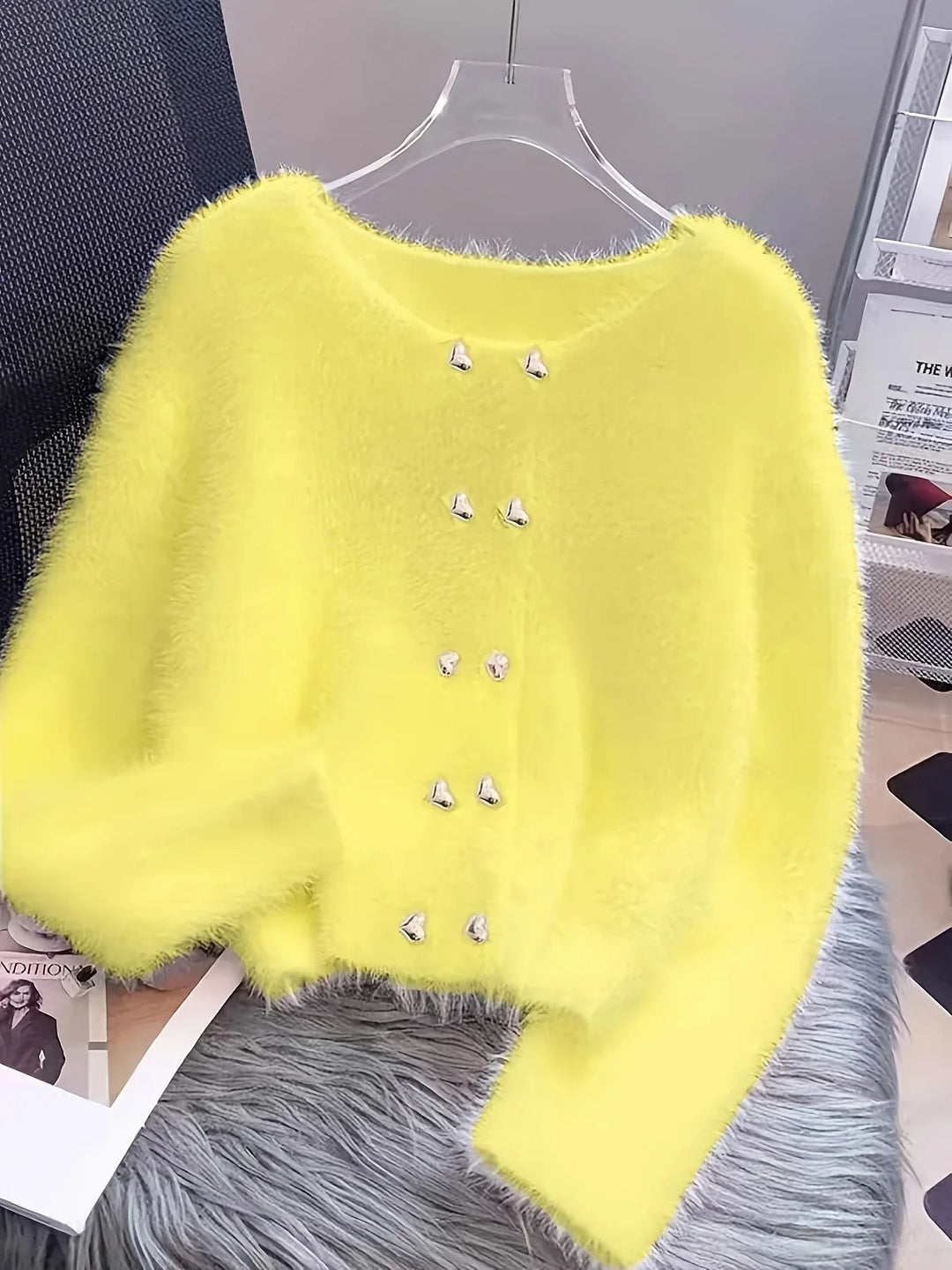 Luna – Fluffy Heart-Button Knit Sweater