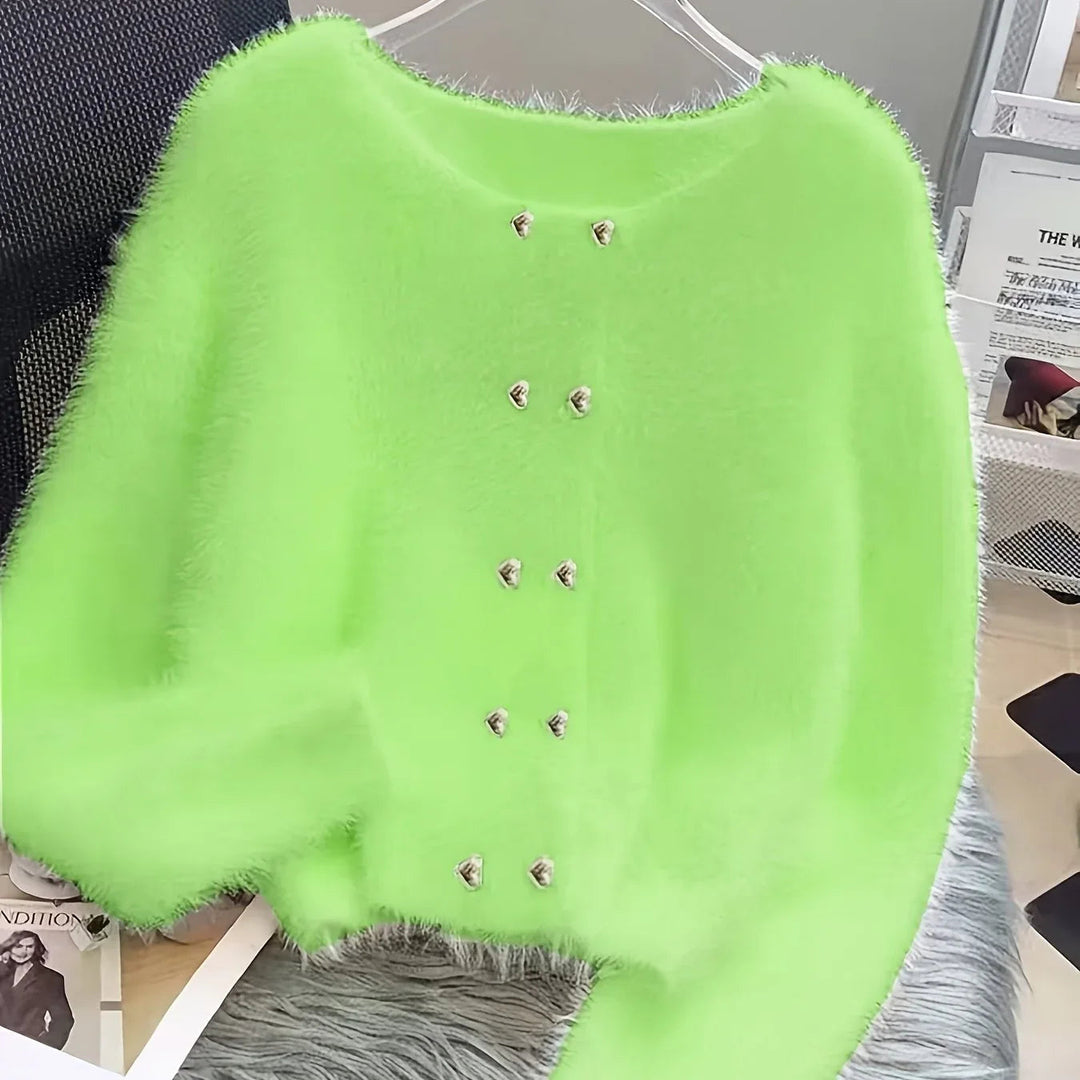 Luna – Fluffy Heart-Button Knit Sweater