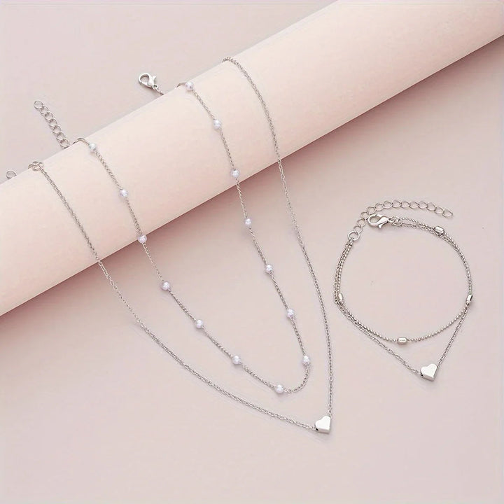 Layered Heart & Pearl Jewelry Set