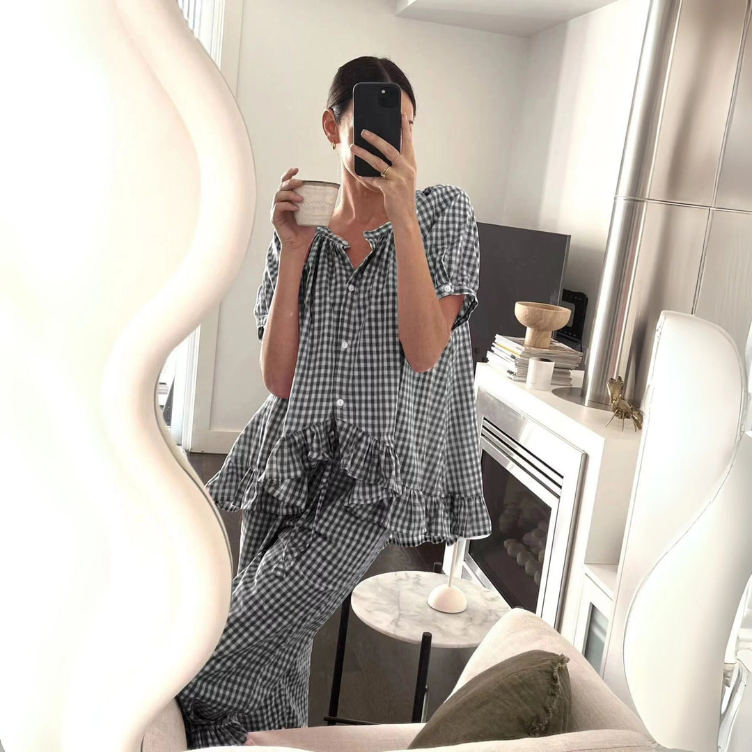 NEVERLAND™ - Casual Plaid Puff Sleeve Top and Pants Set