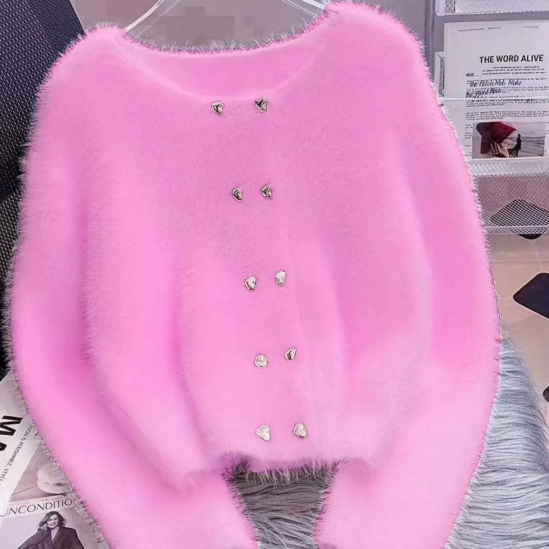 Luna – Fluffy Heart-Button Knit Sweater