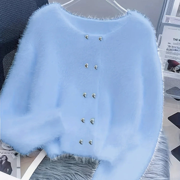 Luna – Fluffy Heart-Button Knit Sweater
