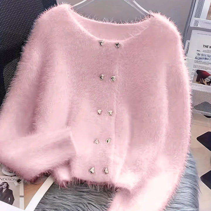 Luna – Fluffy Heart-Button Knit Sweater