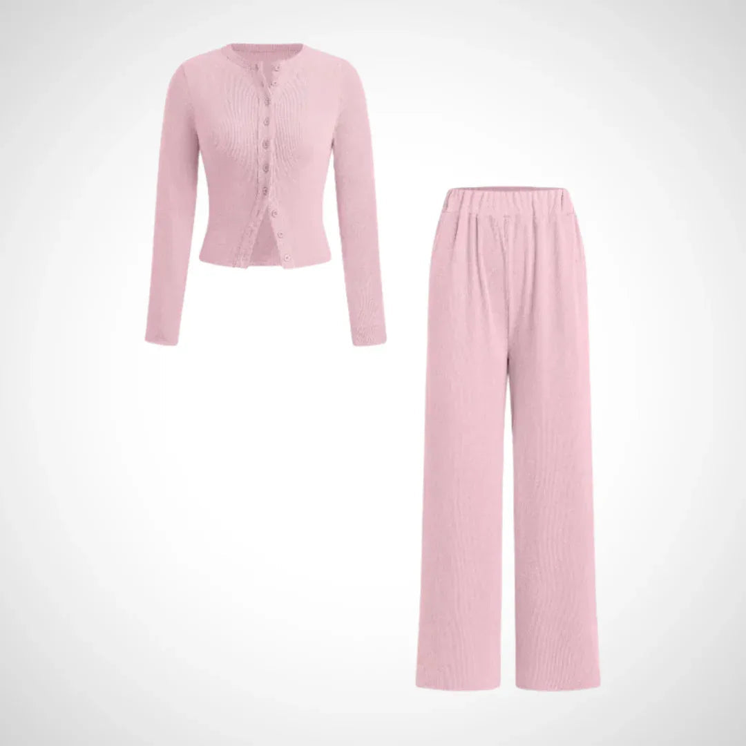 COLY™ - Comfy Button Front Long Sleeve Top and Pants Set