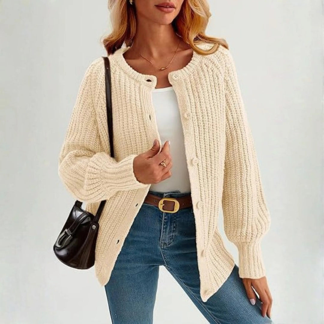 ELOWEN™ - Comfy Plain Button Down Long Sleeve Round Neck Cardigan