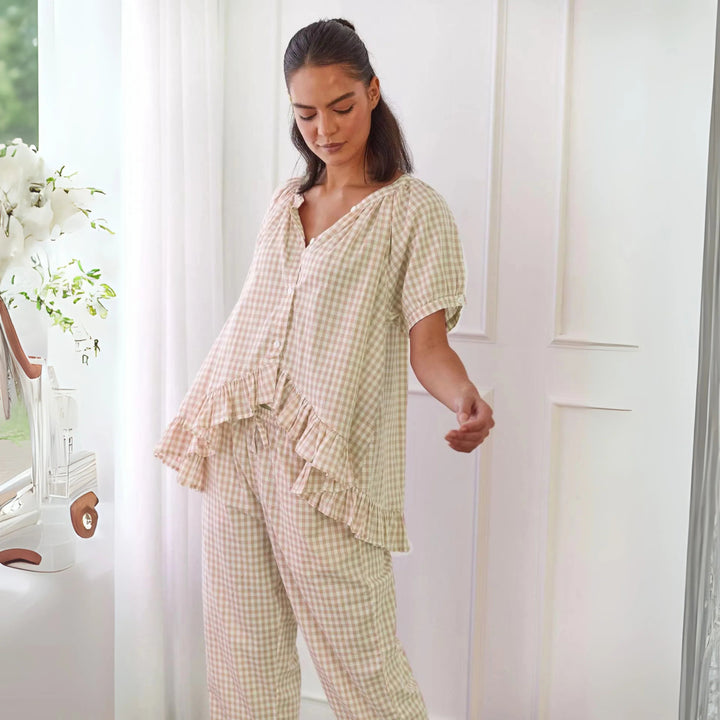 NEVERLAND™ - Casual Plaid Puff Sleeve Top and Pants Set