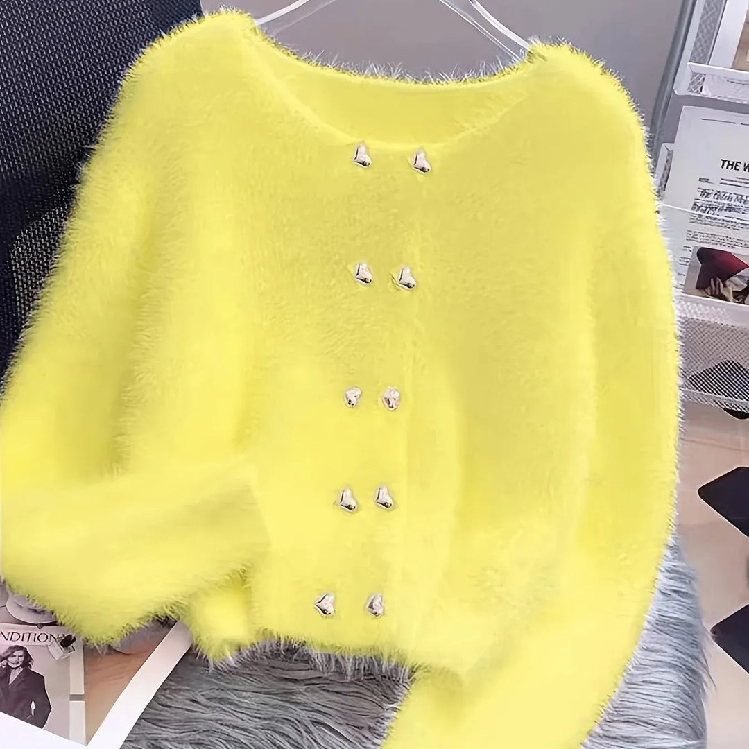 Luna – Fluffy Heart-Button Knit Sweater