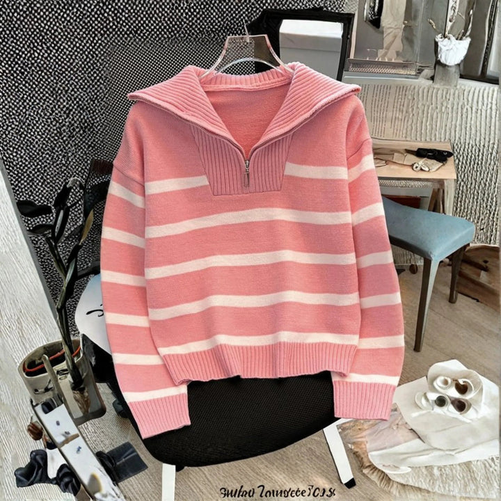 NEVAEH™ - Chic Striped Long Sleeve Collared Top