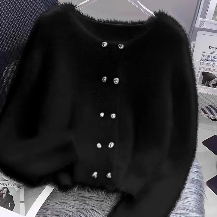 Luna – Fluffy Heart-Button Knit Sweater