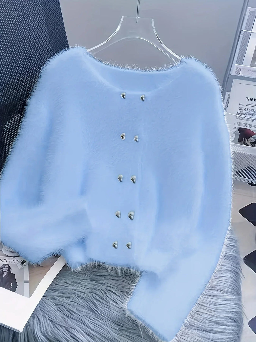 Luna – Fluffy Heart-Button Knit Sweater