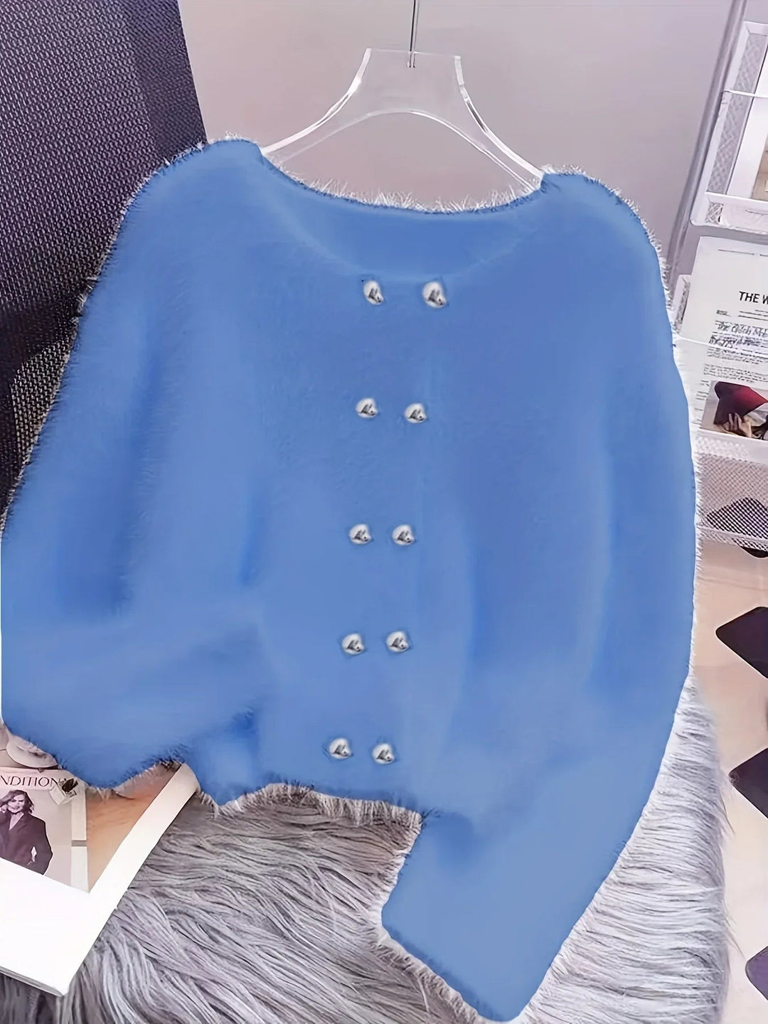 Luna – Fluffy Heart-Button Knit Sweater