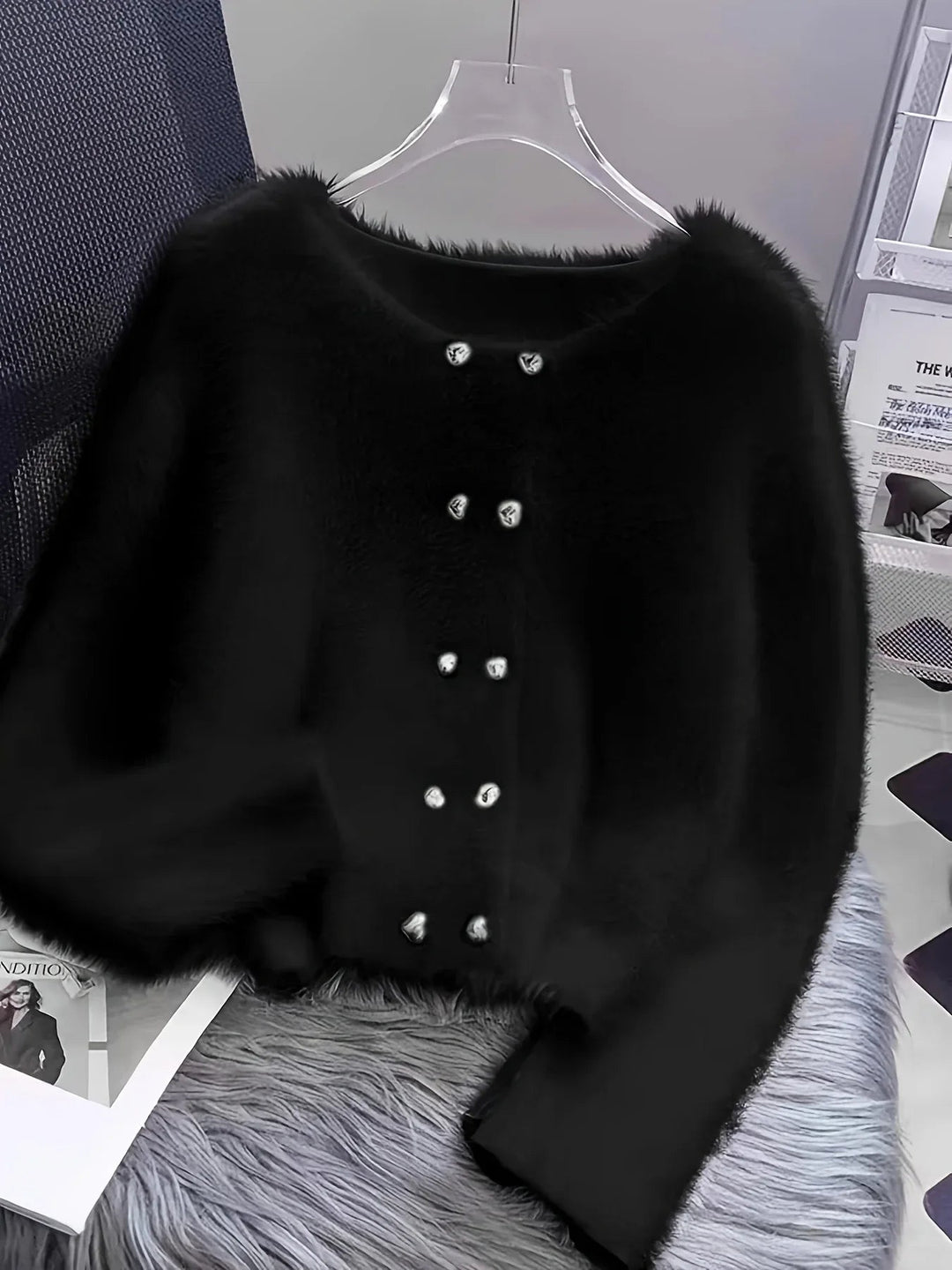 Luna – Fluffy Heart-Button Knit Sweater