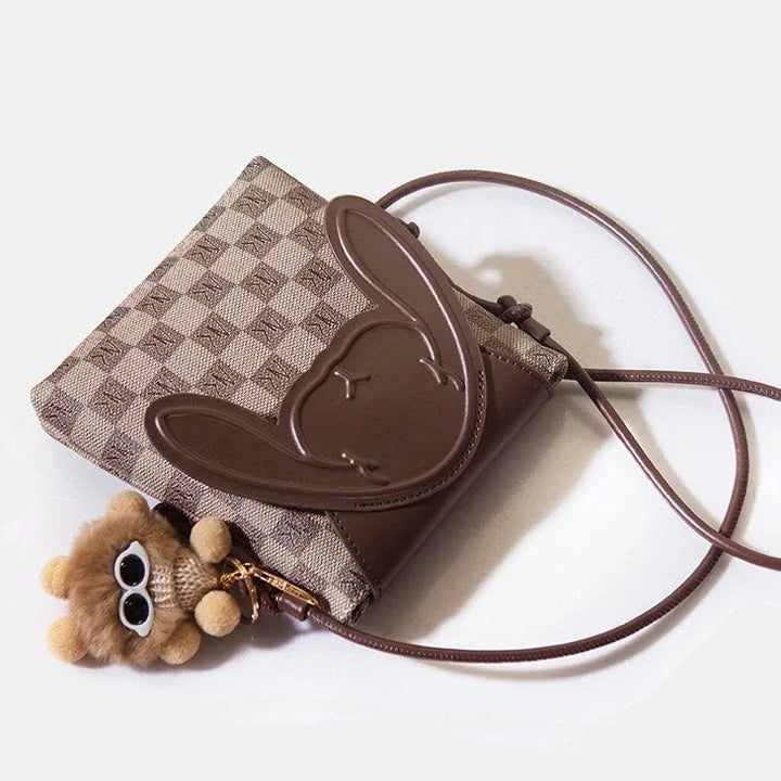 Plaid Cute Collision Rabbit Genuine Leather Mini Crossbody Phone Bag