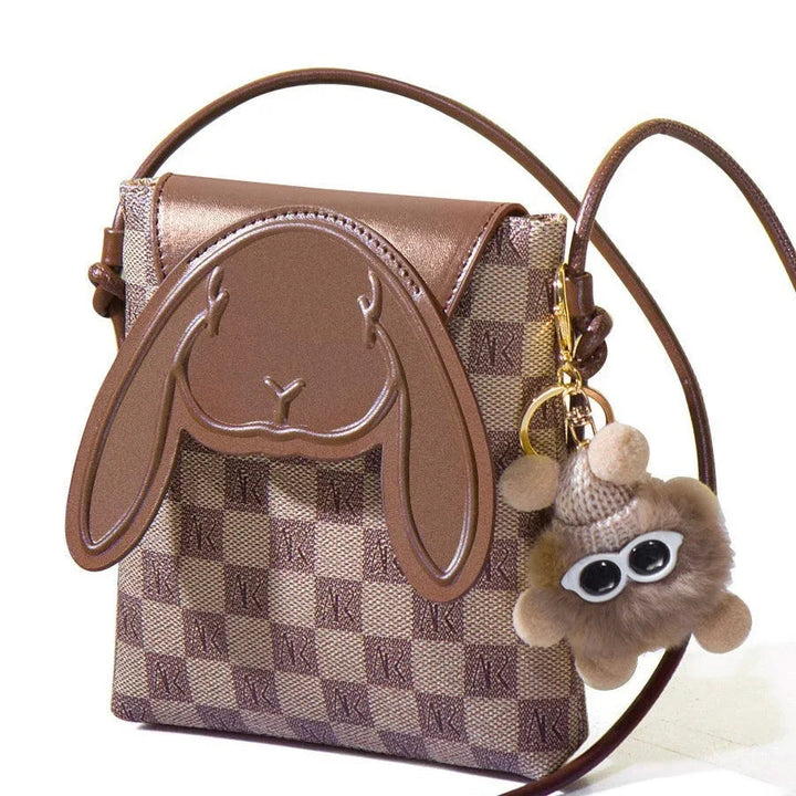 Plaid Cute Collision Rabbit Genuine Leather Mini Crossbody Phone Bag