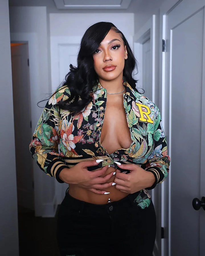 HARA™ - Chic Floral Print Collared Crop Long Sleeve Jacket