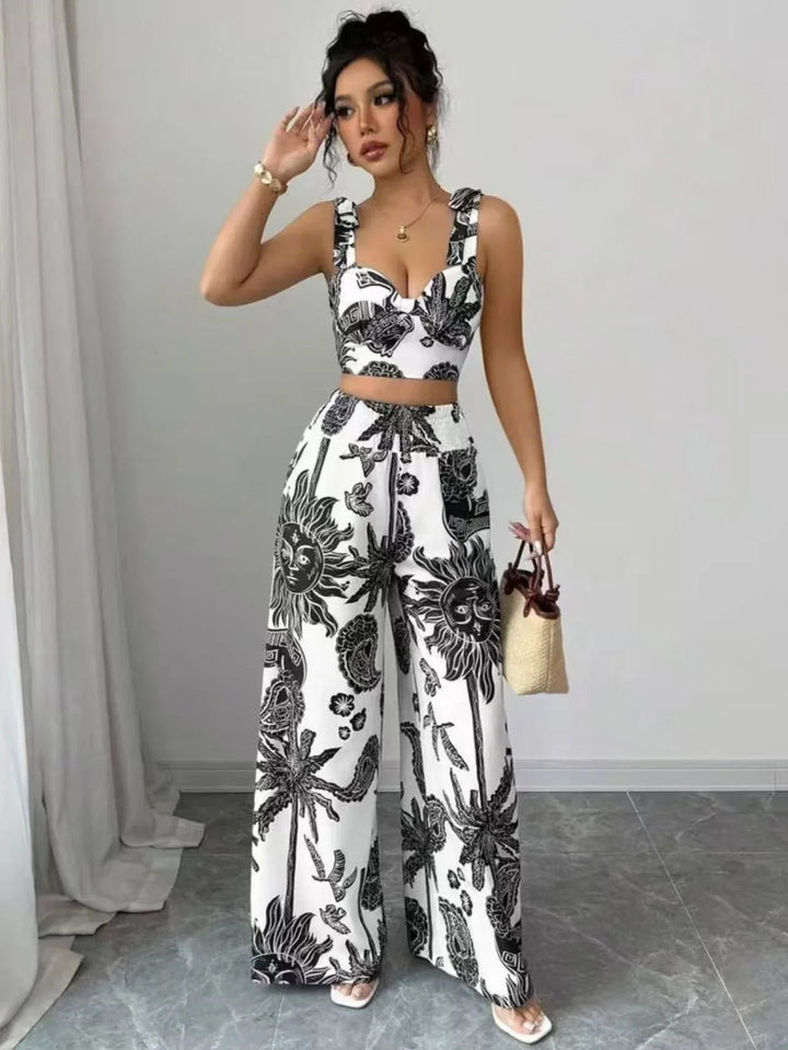 VONY™ – Elegant Boho Printed Crop and Wide Leg Pants Set