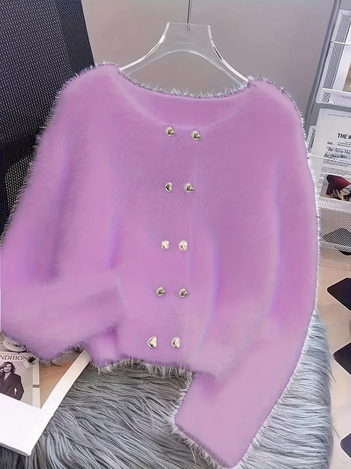 Luna – Fluffy Heart-Button Knit Sweater