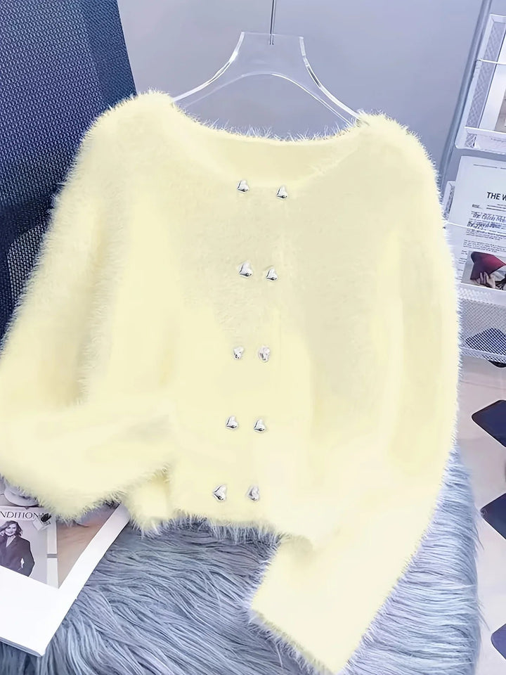 Luna – Fluffy Heart-Button Knit Sweater
