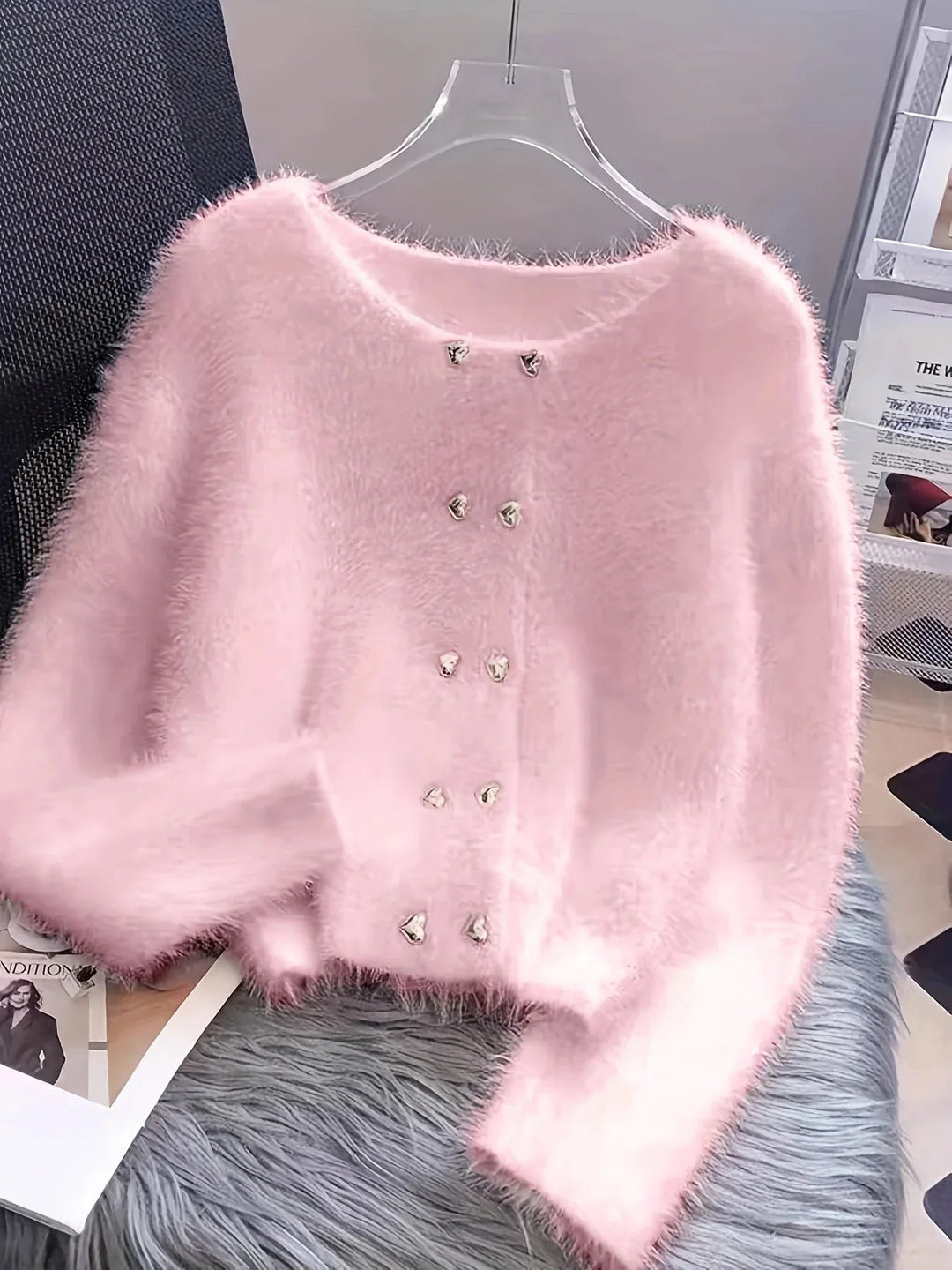 Luna – Fluffy Heart-Button Knit Sweater