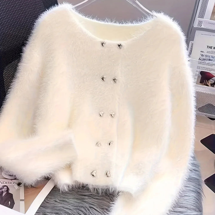 Luna – Fluffy Heart-Button Knit Sweater